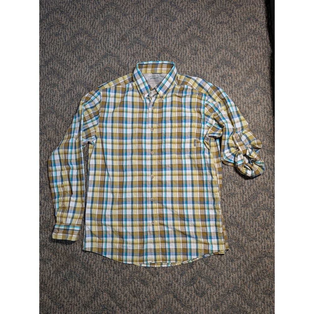 Eddie Bauer Mens Plaid Button Down Hiking Shirt Green Blue M D1467439
